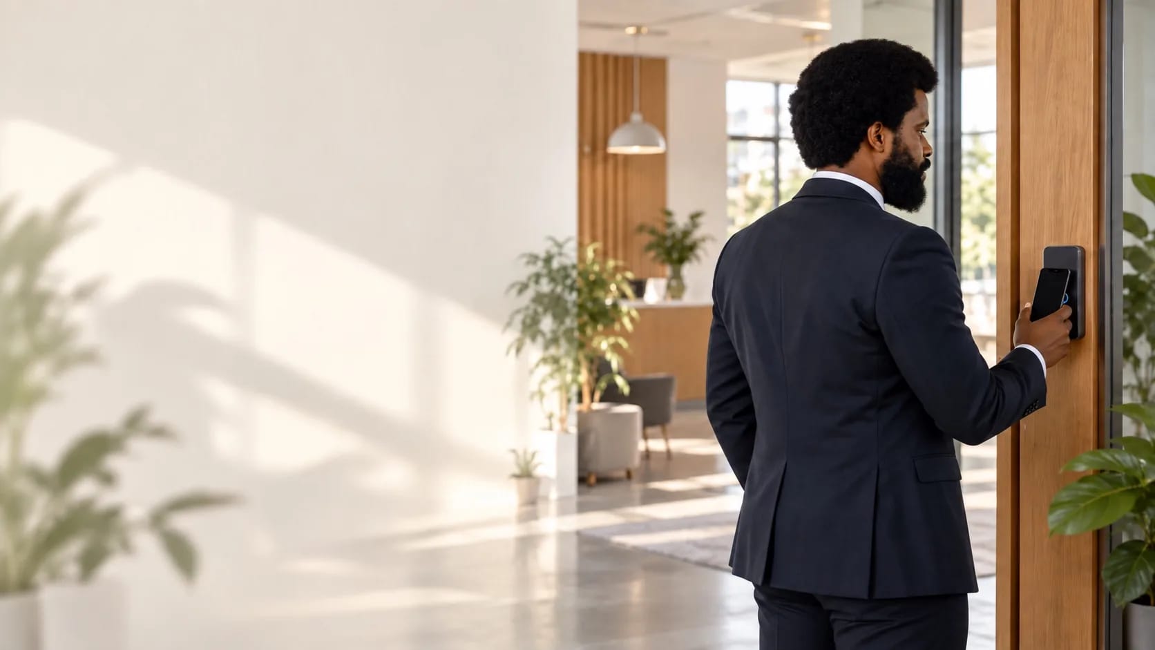 Man in a navy suit tapping his phone at an office door access reader